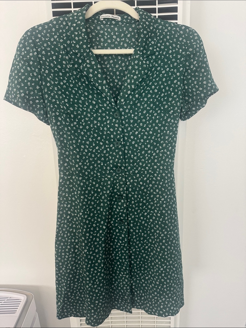 Reformation Green Floral Button-Front Short Sleeve Dress